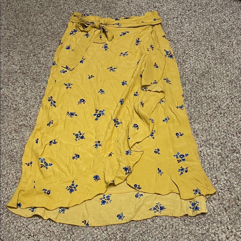 Faithfull the Brand Yellow ruffle accent blue floral Wrap Skirt